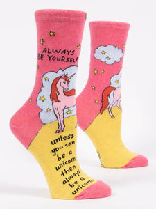 Blue Q "Always Be Yourself Unless You Can Be A Unicorn" - Women's Pink Crew Socks