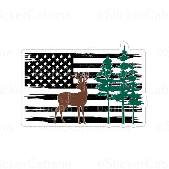 Sticker (Large): B&W American Flag With Trees & Deer