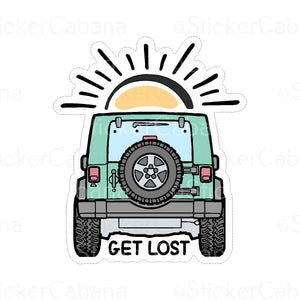 Sticker (Large & Small Options): "Get Lost" Jeep & Sunrise