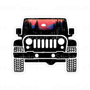 Sticker (Large & Small Options): Jeep With Mountains, Forest, & Sunrise