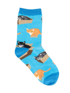 Cat In A Box - Blue (Kids' Socks - 3 Sizes Available)