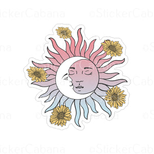 Sticker (Small): Pastel Sun & Moon With Sunflowers