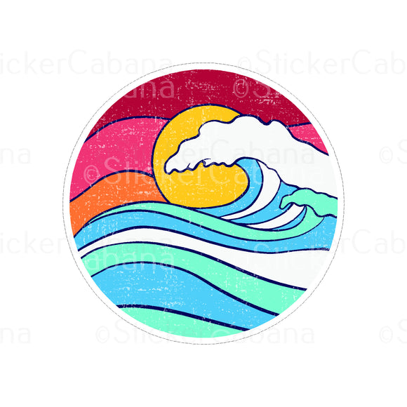 Sticker (Small): Ocean Waves & Pink Sunset