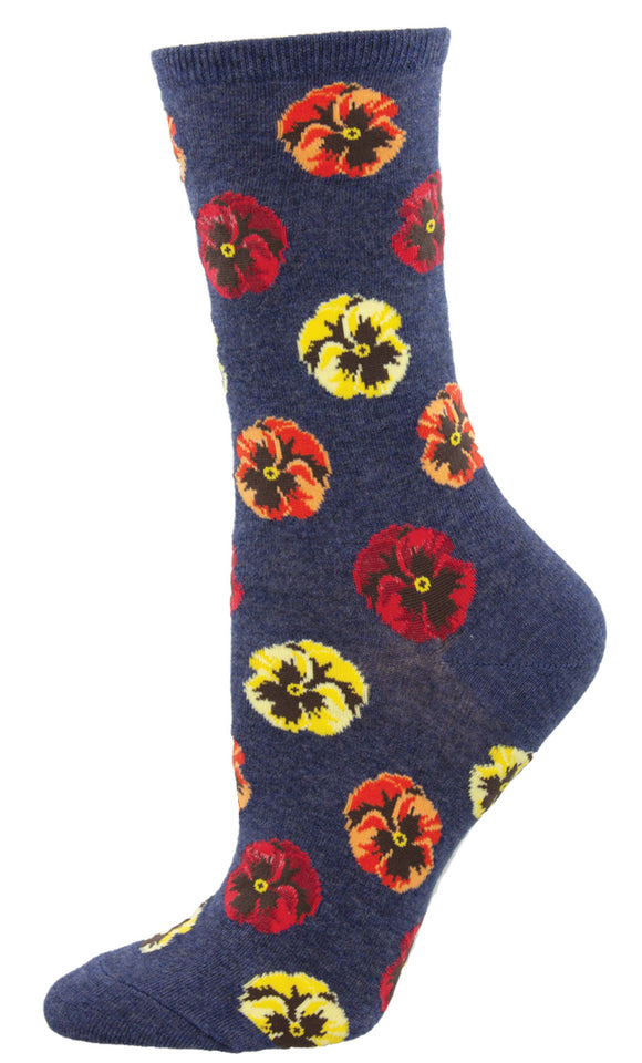Blooming Pansies - Navy Heather (Women's Socks)