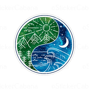 Sticker (Large & Small Options): Yin & Yang - Green Mountains & Blue Ocean